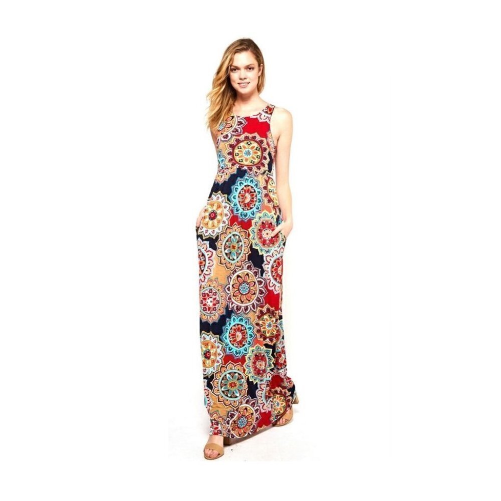 Bohemian Racer-Back Tank Multi-color Navy Red Flower Medallion Maxi Dress XL - Picture 6 of 12